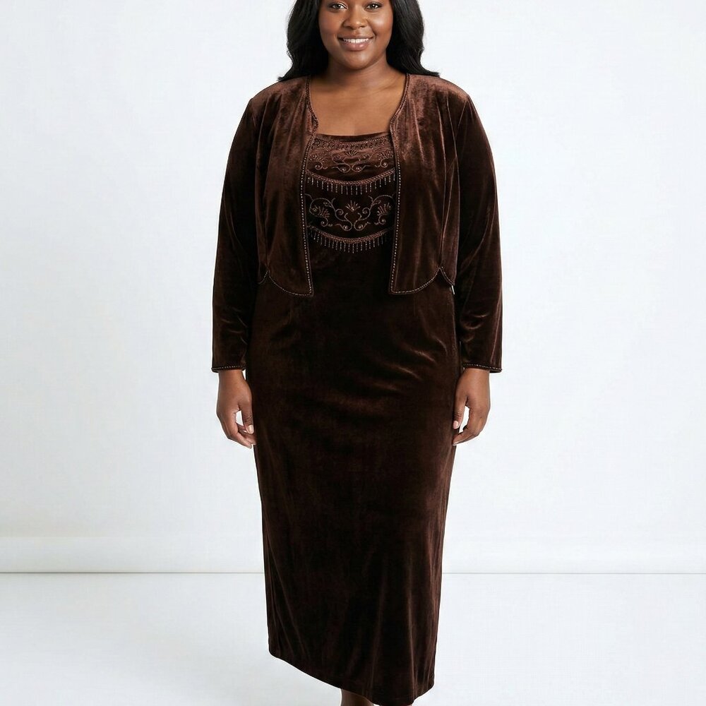 Positive Attitude Dress & Jacket Set Brown Velour Beaded Embroidered Goth 24P